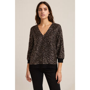 Lafayette 148 Sequin V-Neck Top XL Black Metallic Long Sleeve Blouse